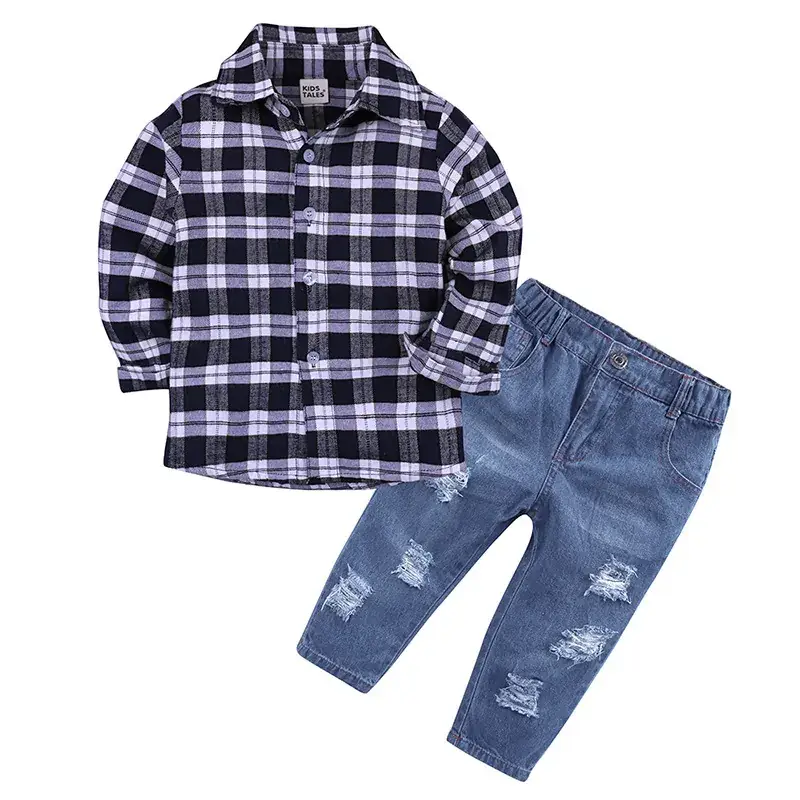 2025 Spring Boys Denim Plaid Suits Trousers Set