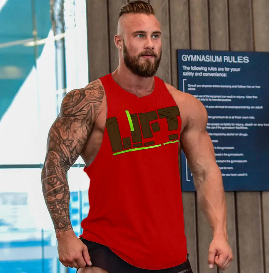 Men's Blue Gym Vest with Red White Logo