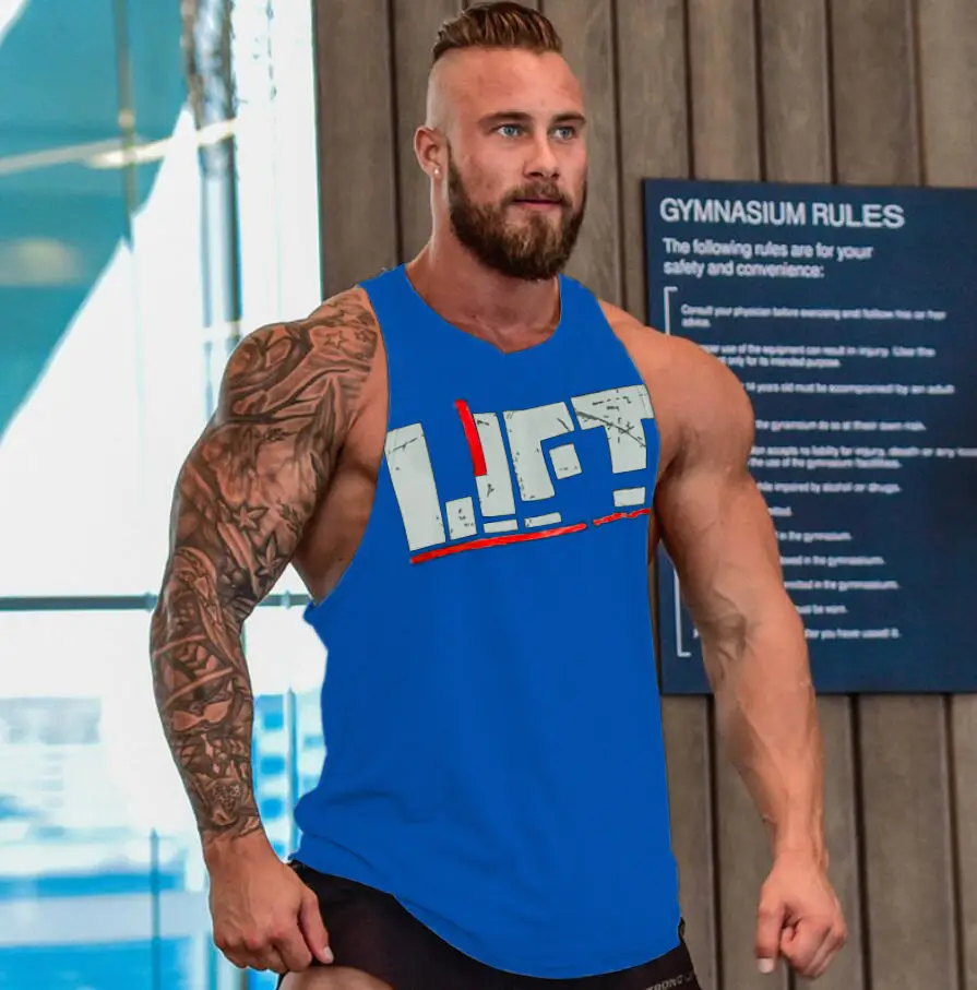 Men's Blue Gym Vest with Red White Logo