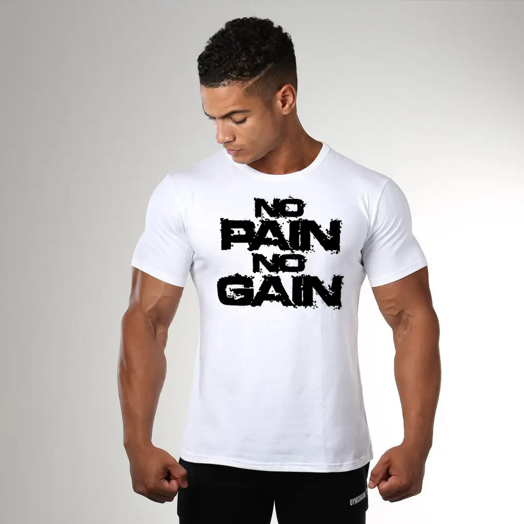 Men's No Pain No Gain Fitness T-Shirt White Short Sleeve