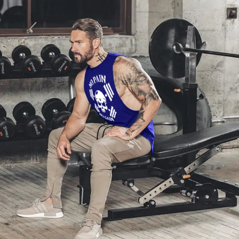 Men No Pain No Gain Vest Grey Skull Design - Image 8