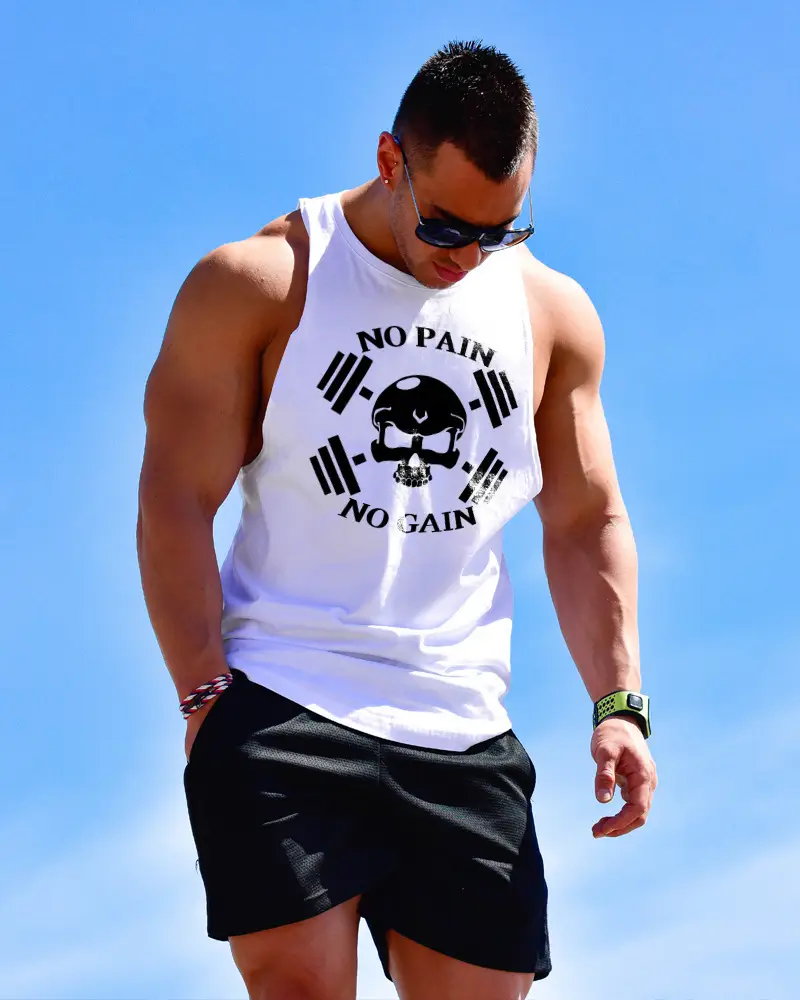 Men No Pain No Gain Vest Grey Skull Design - Image 9