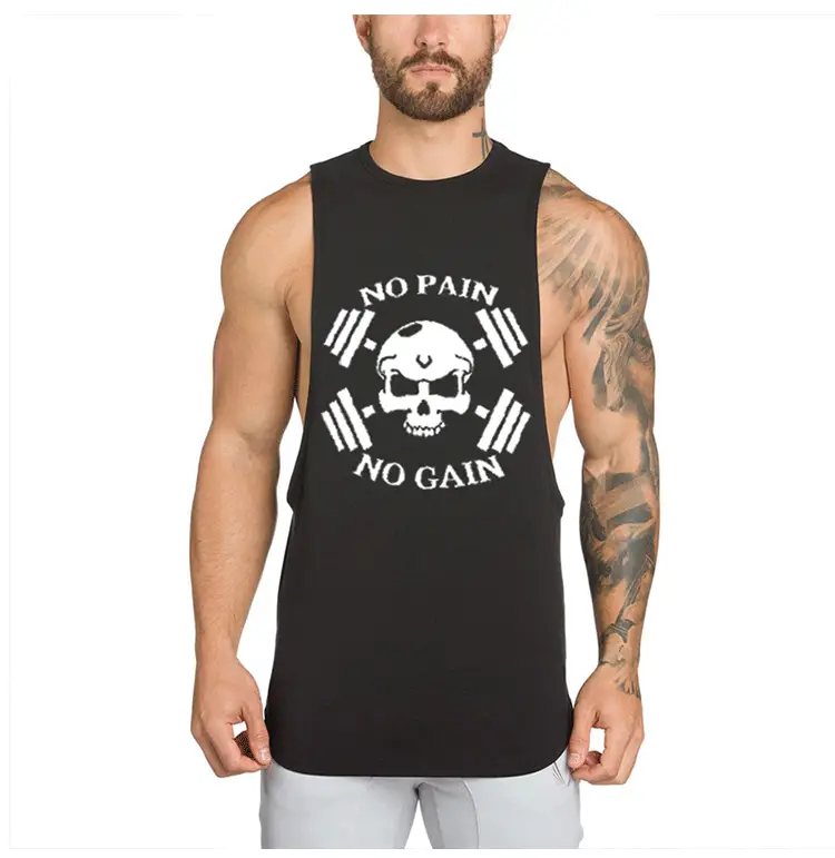 Men No Pain No Gain Vest Grey Skull Design - Image 5