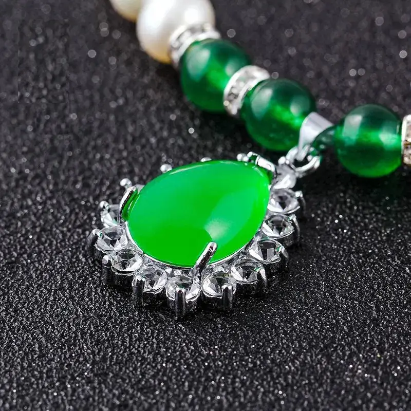 Natural Pearl Necklace with Green Chalcedony Drop Pendant - Image 2