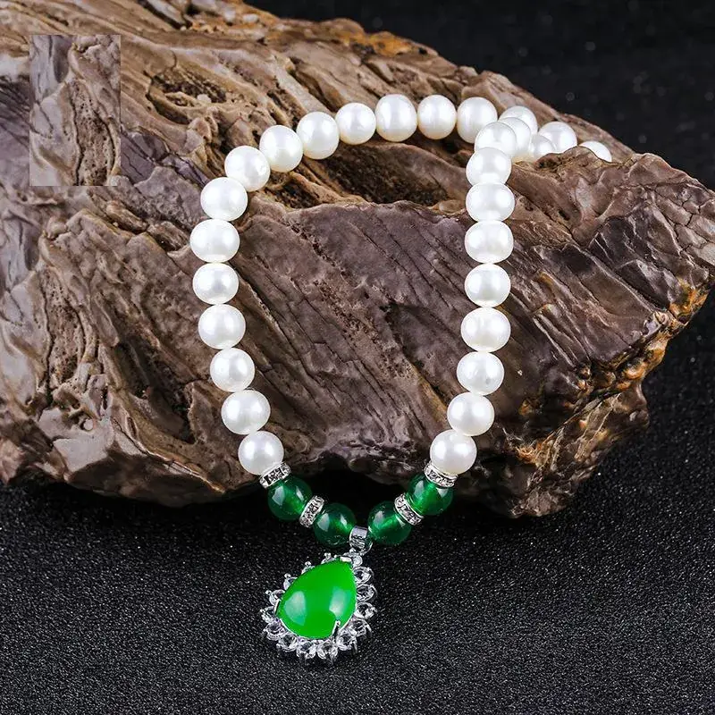 Natural Pearl Necklace with Green Chalcedony Drop Pendant - Image 3