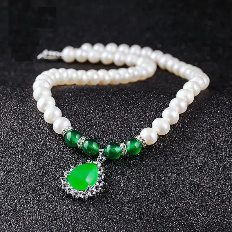 Natural Pearl Necklace with Green Chalcedony Drop Pendant - Image 4