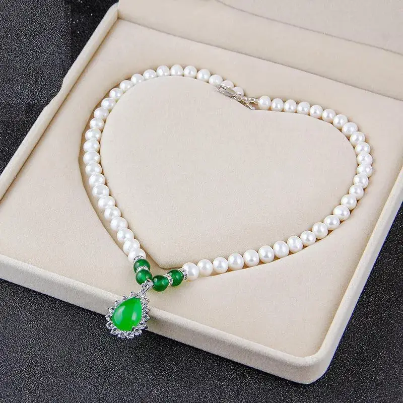 Natural Pearl Necklace with Green Chalcedony Drop Pendant