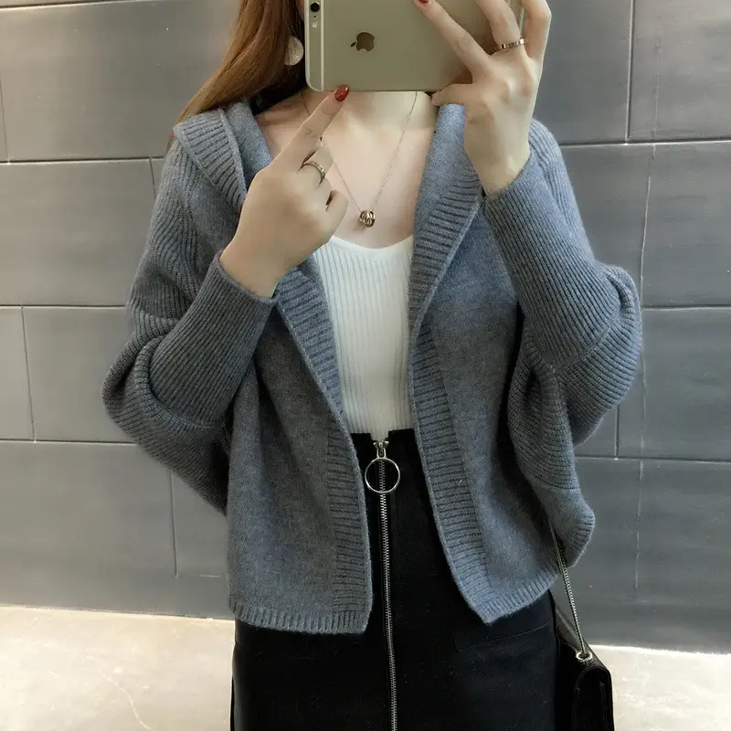 Women Knitted Cardigan Long Sleeve Hooded Sweater Solid Color - Image 10