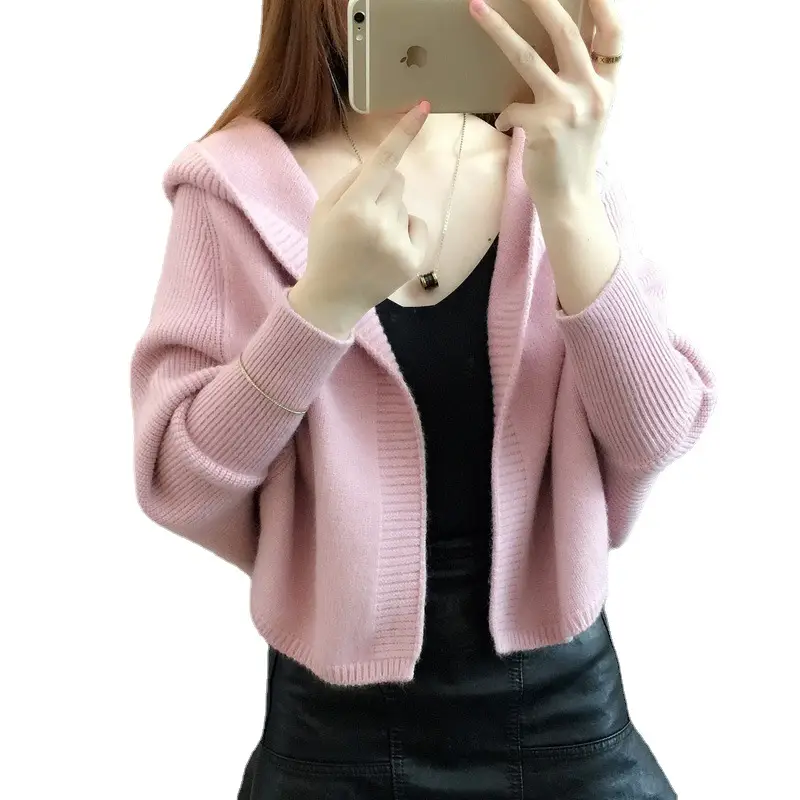 Women Knitted Cardigan Long Sleeve Hooded Sweater Solid Color - Image 11