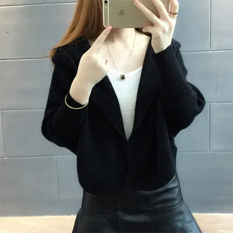 Women Knitted Cardigan Long Sleeve Hooded Sweater Solid Color - Image 2