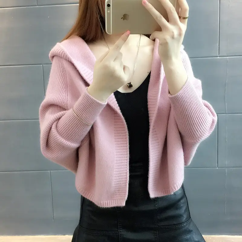 Women Knitted Cardigan Long Sleeve Hooded Sweater Solid Color - Image 4