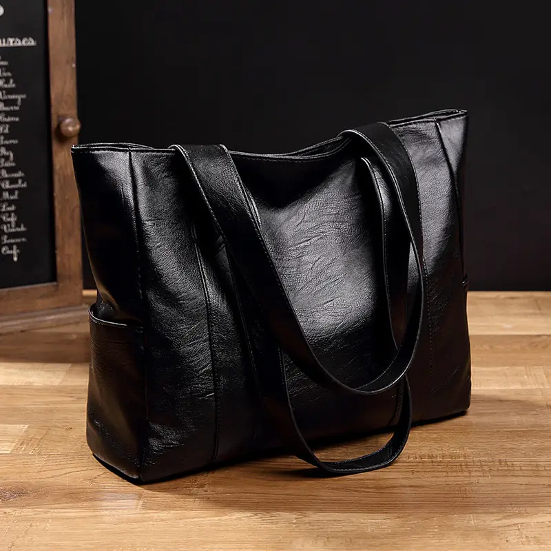 Black Leather Tote Bag for Women Large Capacity Satchel Shoulder - Image 3