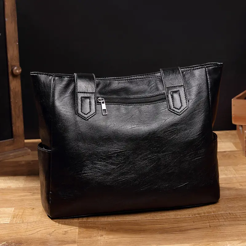 Black Leather Tote Bag for Women Large Capacity Satchel Shoulder - Image 4