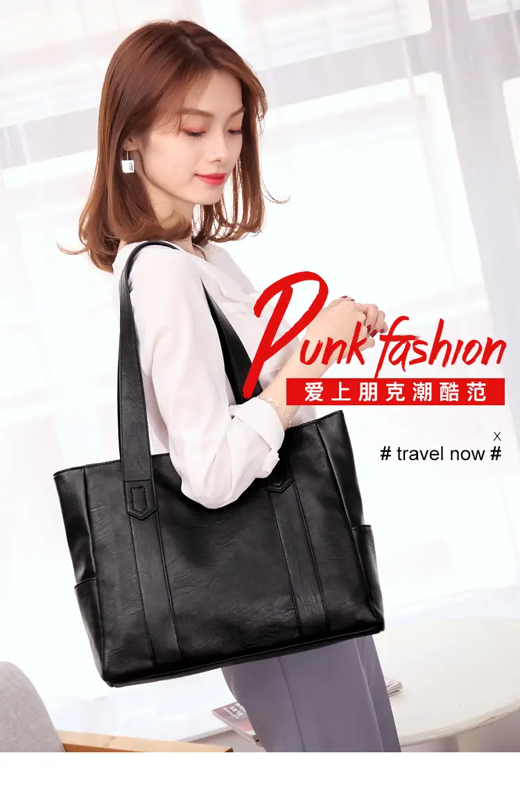 Black Leather Tote Bag for Women Large Capacity Satchel Shoulder — feature 1
