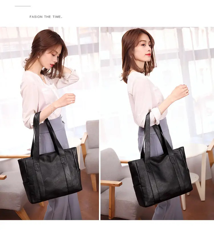 Black Leather Tote Bag for Women Large Capacity Satchel Shoulder — feature 10