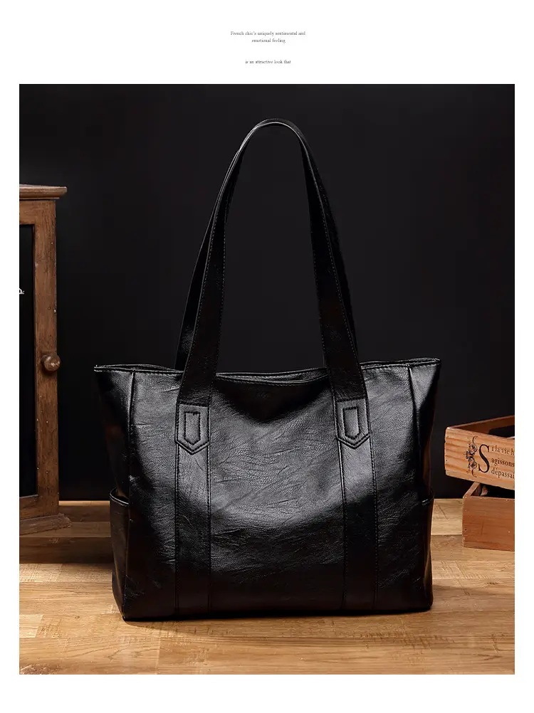 Black Leather Tote Bag for Women Large Capacity Satchel Shoulder — feature 15