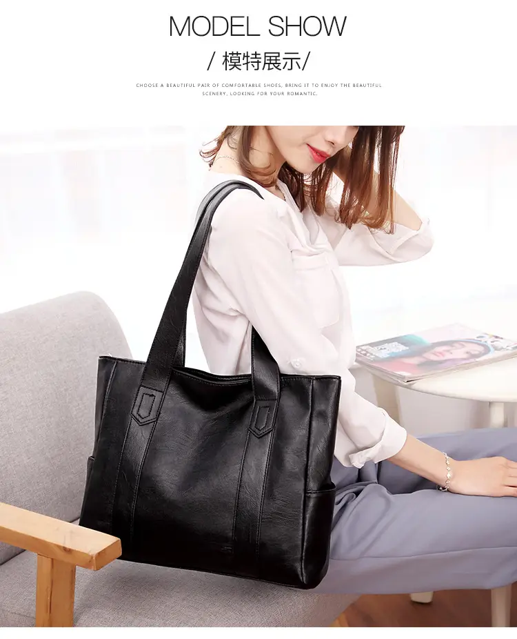 Black Leather Tote Bag for Women Large Capacity Satchel Shoulder — feature 8