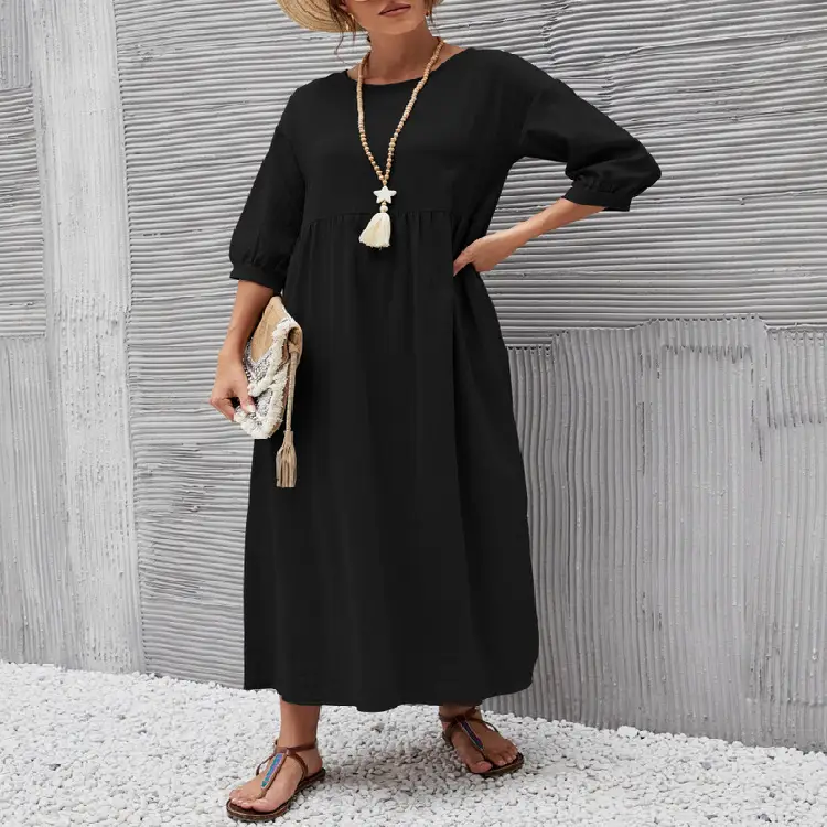 2025 Women's Green Lantern Sleeve Dress Loose Cotton Linen