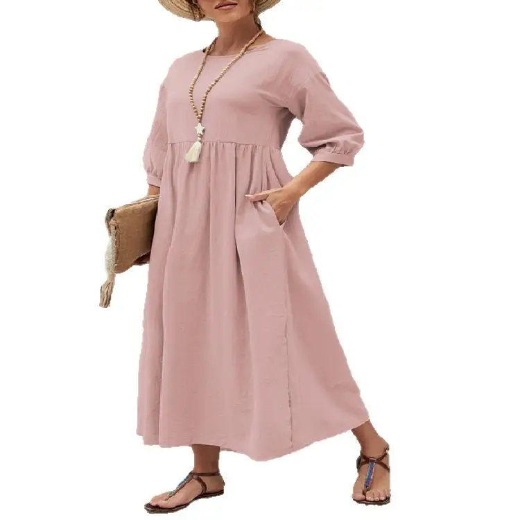 2025 Women's Green Lantern Sleeve Dress Loose Cotton Linen