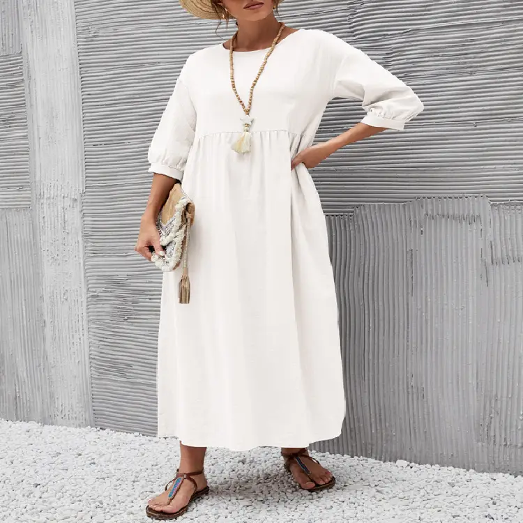 2025 Women's Green Lantern Sleeve Dress Loose Cotton Linen