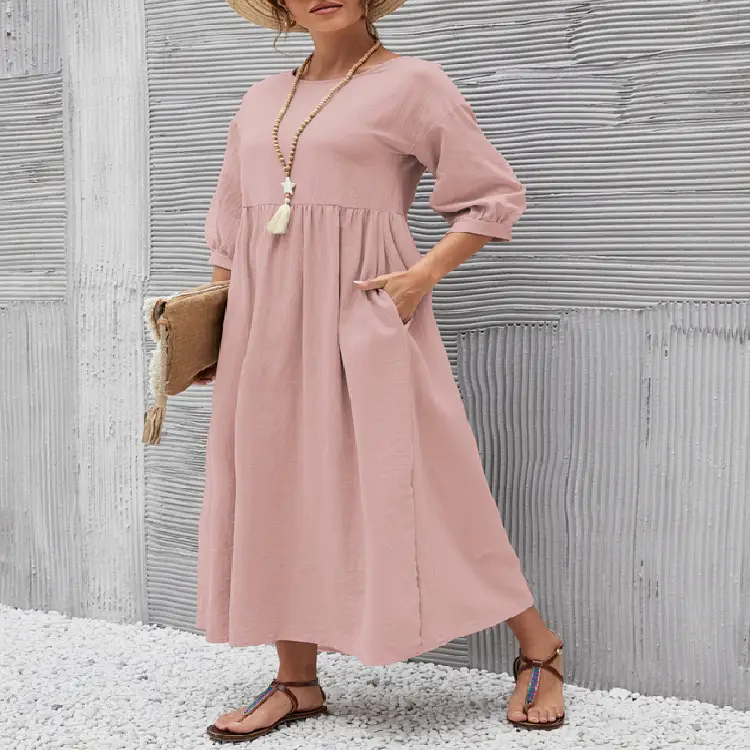 2025 Women's Green Lantern Sleeve Dress Loose Cotton Linen