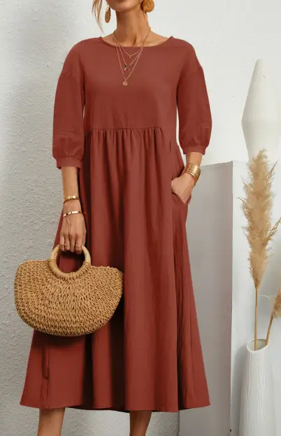 2025 Women's Green Lantern Sleeve Dress Loose Cotton Linen