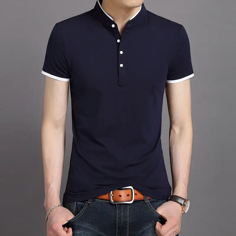 Men Pure Color Stand-Up Collar Polo T-Shirt - Image 5