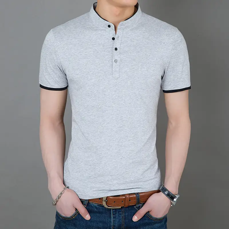 Men Pure Color Stand-Up Collar Polo T-Shirt - Image 3