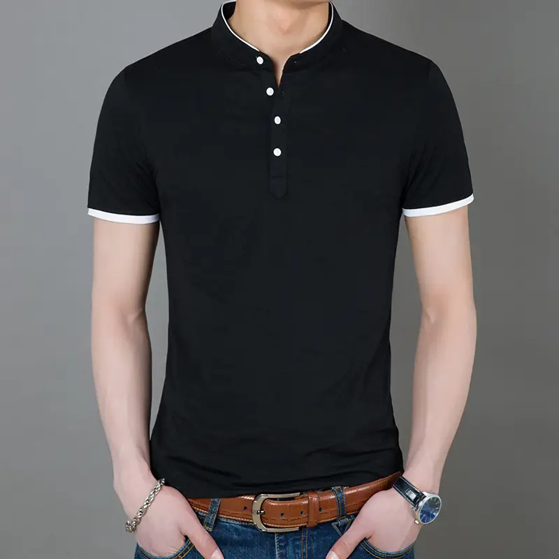 Men Pure Color Stand-Up Collar Polo T-Shirt - Image 4
