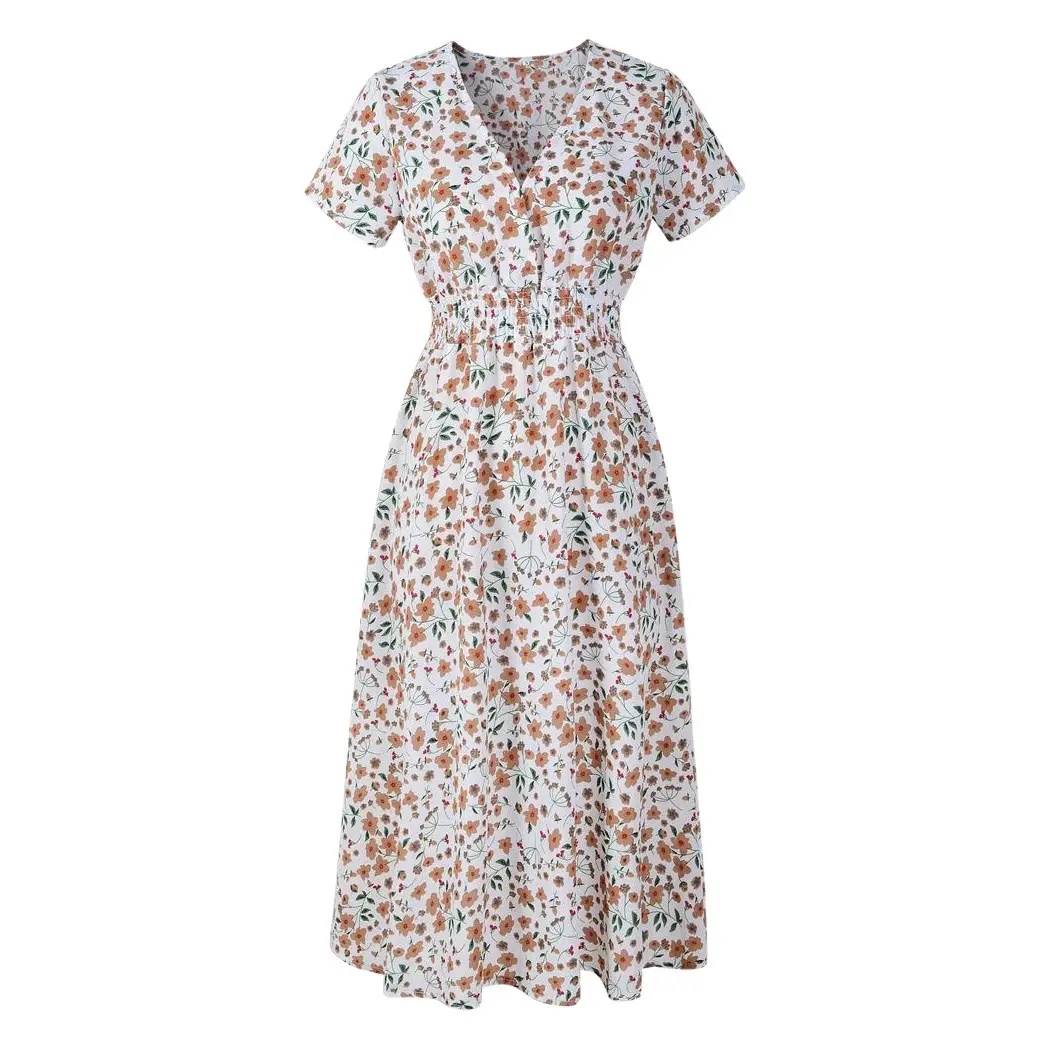 Printed V-Neck Chiffon Beach Dress for Women