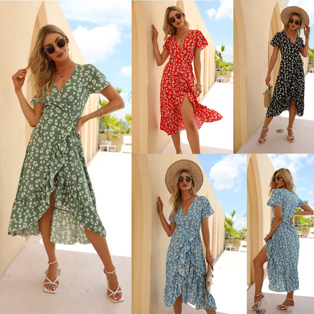 Printed V-Neck Chiffon Beach Dress for Women — feature 3