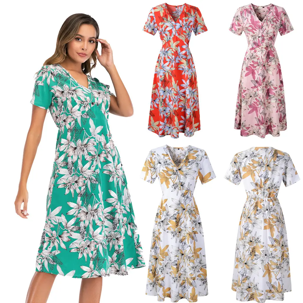 Printed V-Neck Chiffon Beach Dress for Women — feature 7
