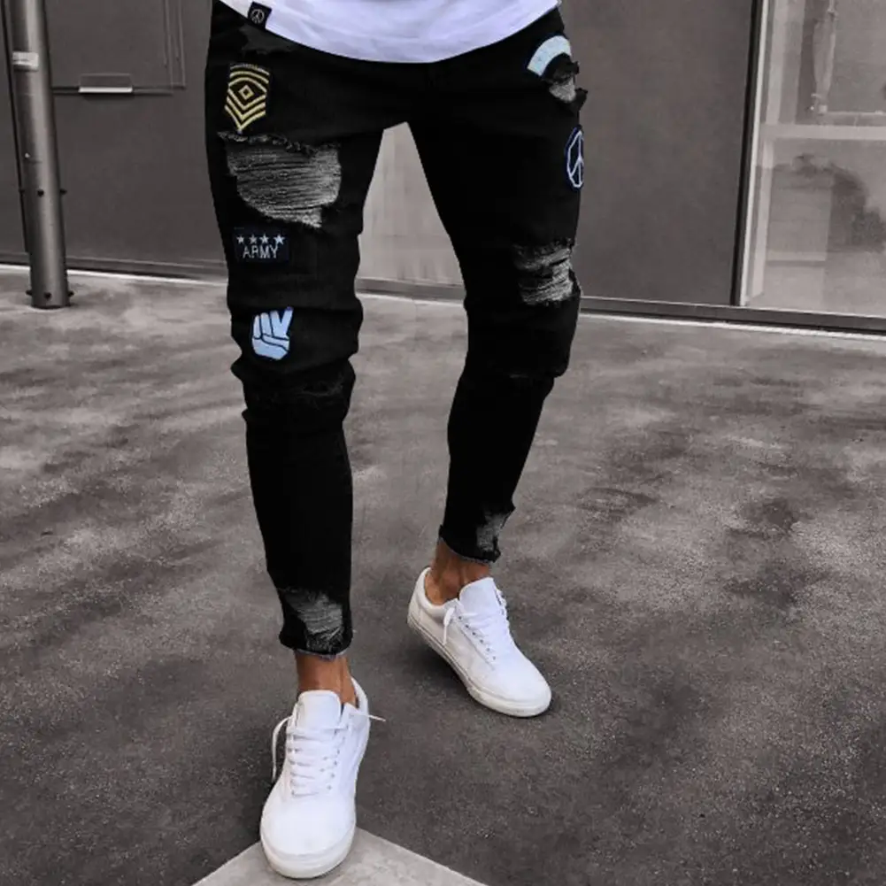 Men's Black Ripped Skinny Jeans with White Sneakers - Image 6
