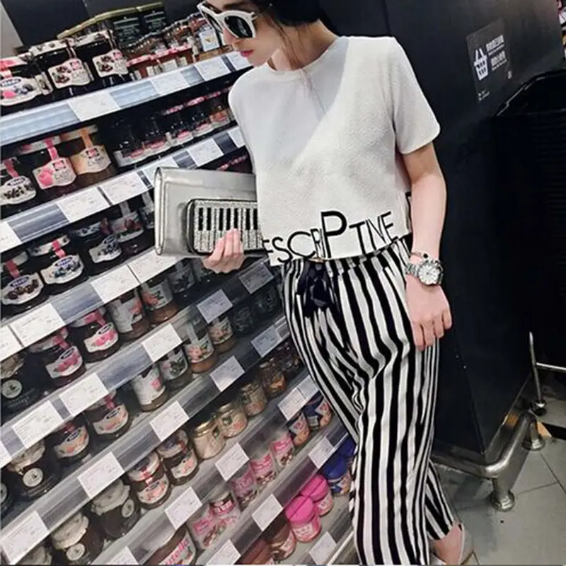 Women White Striped T-Shirt & Pants Set - Image 3