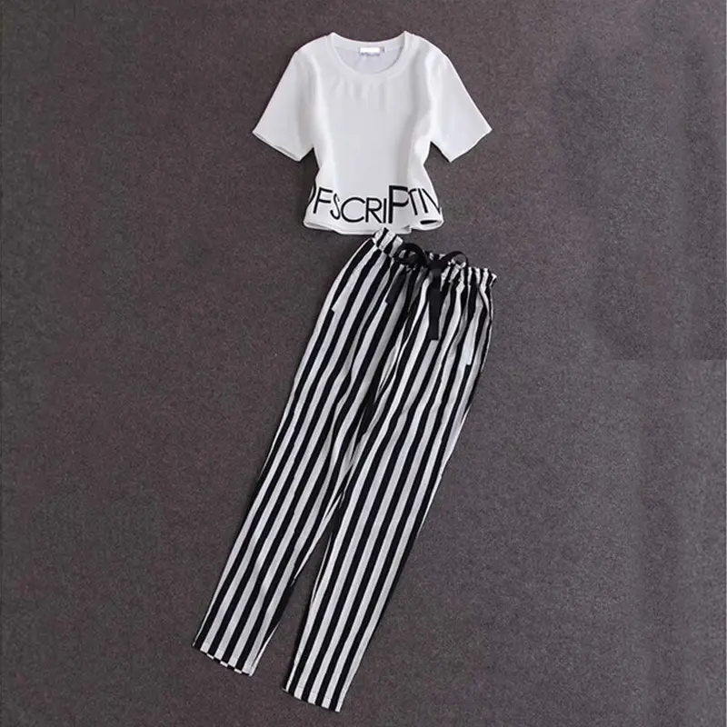 Women White Striped T-Shirt & Pants Set - Image 4