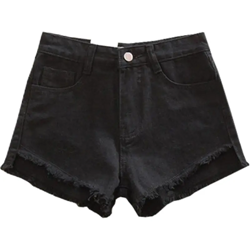 Black High-Waisted Denim Shorts with Fringes for Women