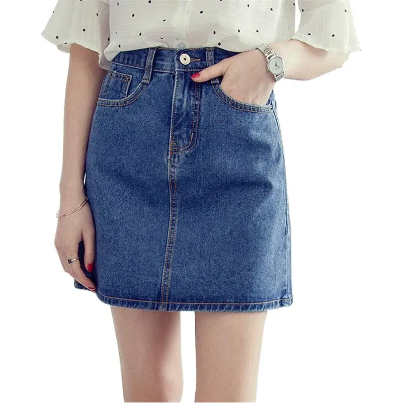 Women Denim High Waist Skirt Button Closure