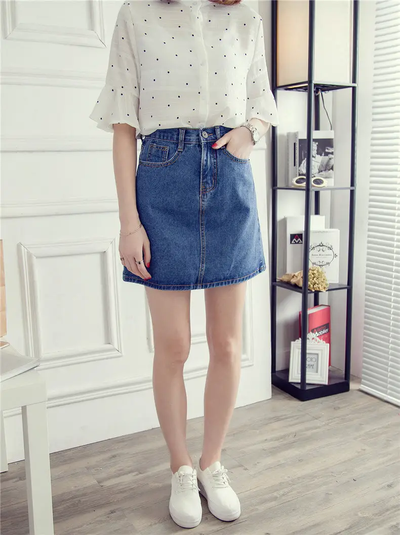 Women Denim High Waist Skirt Button Closure — feature 28