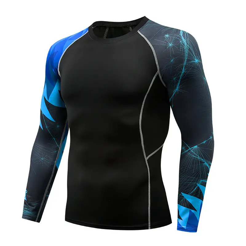 Men's Black Blue Striped Long Sleeve Sports Tight Fit T-Shirt - Image 31