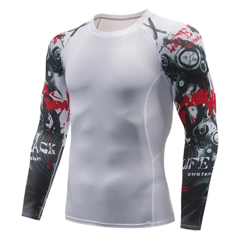 Men's Black Blue Striped Long Sleeve Sports Tight Fit T-Shirt