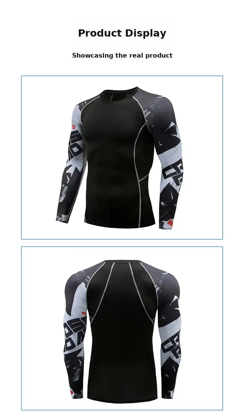 Men's Black Blue Striped Long Sleeve Sports Tight Fit T-Shirt — feature 8