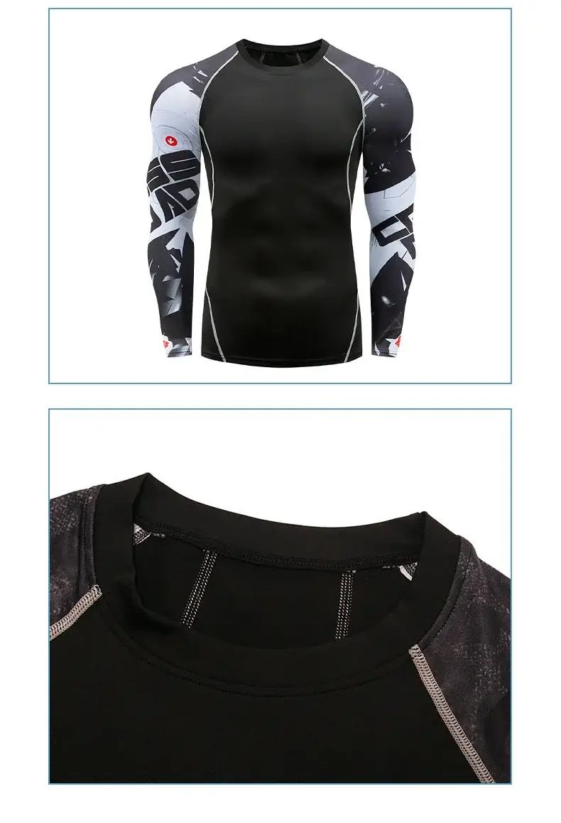 Men's Black Blue Striped Long Sleeve Sports Tight Fit T-Shirt — feature 9