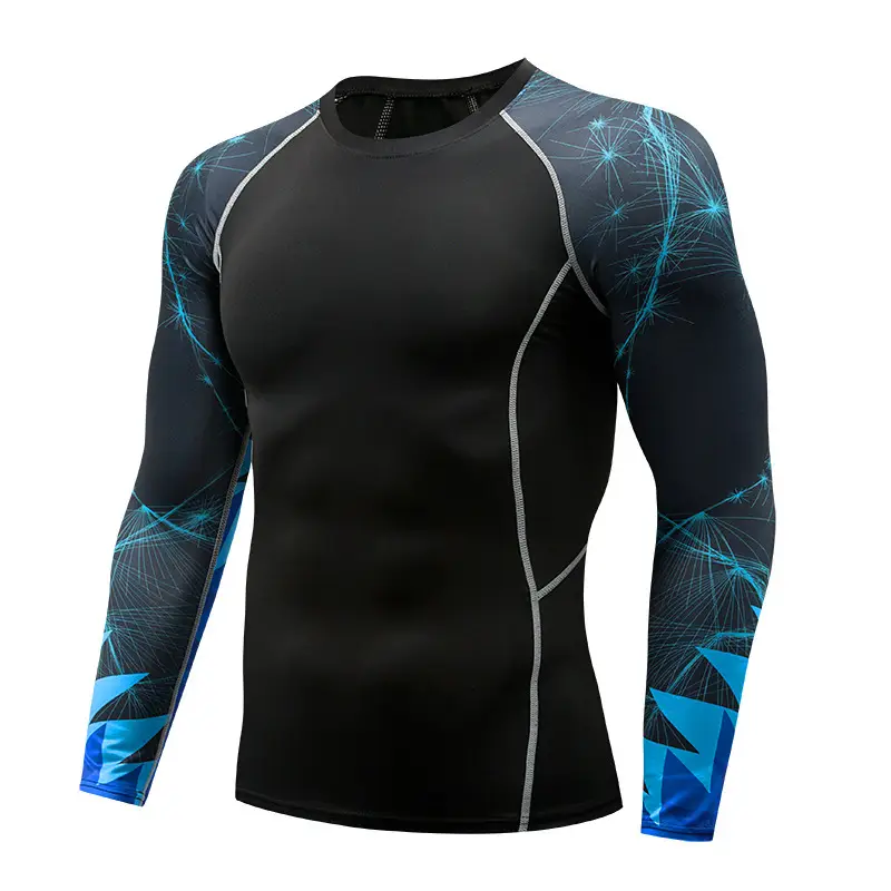 Men's Black Blue Striped Long Sleeve Sports Tight Fit T-Shirt - Image 25