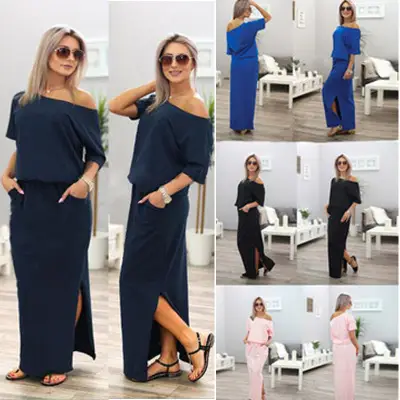 Women's Navy Blue Side Split Pocket Loose Slim Dress High Waist Off Shoulder - Image 13