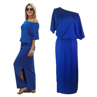 Women's Navy Blue Side Split Pocket Loose Slim Dress High Waist Off Shoulder - Image 15