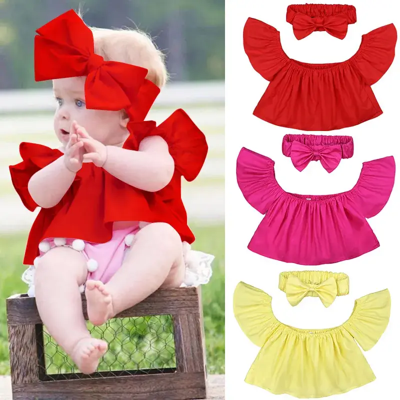 2025 Summer Baby Headbands & Tops Set Red Pink Yellow