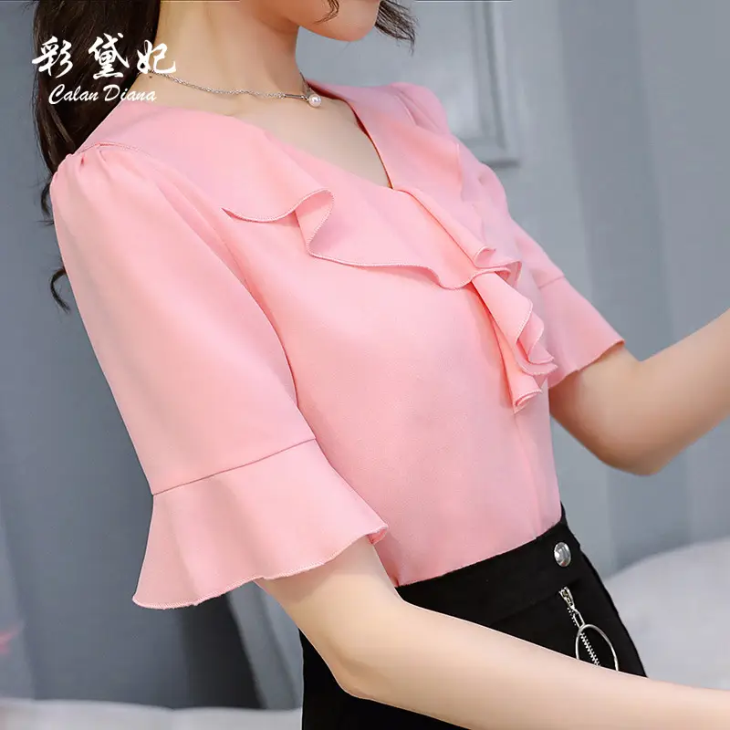 Korean Style Large Size Slim Mid Sleeve Women's Chiffon Shirt