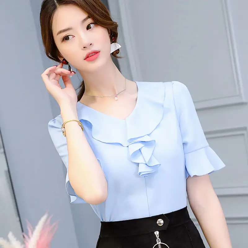 Korean Style Large Size Slim Mid Sleeve Women's Chiffon Shirt