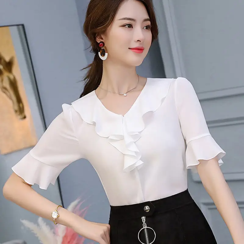 Korean Style Large Size Slim Mid Sleeve Women's Chiffon Shirt