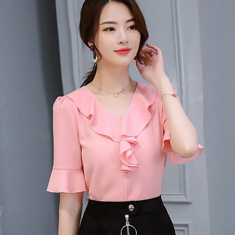 Korean Style Large Size Slim Mid Sleeve Women's Chiffon Shirt